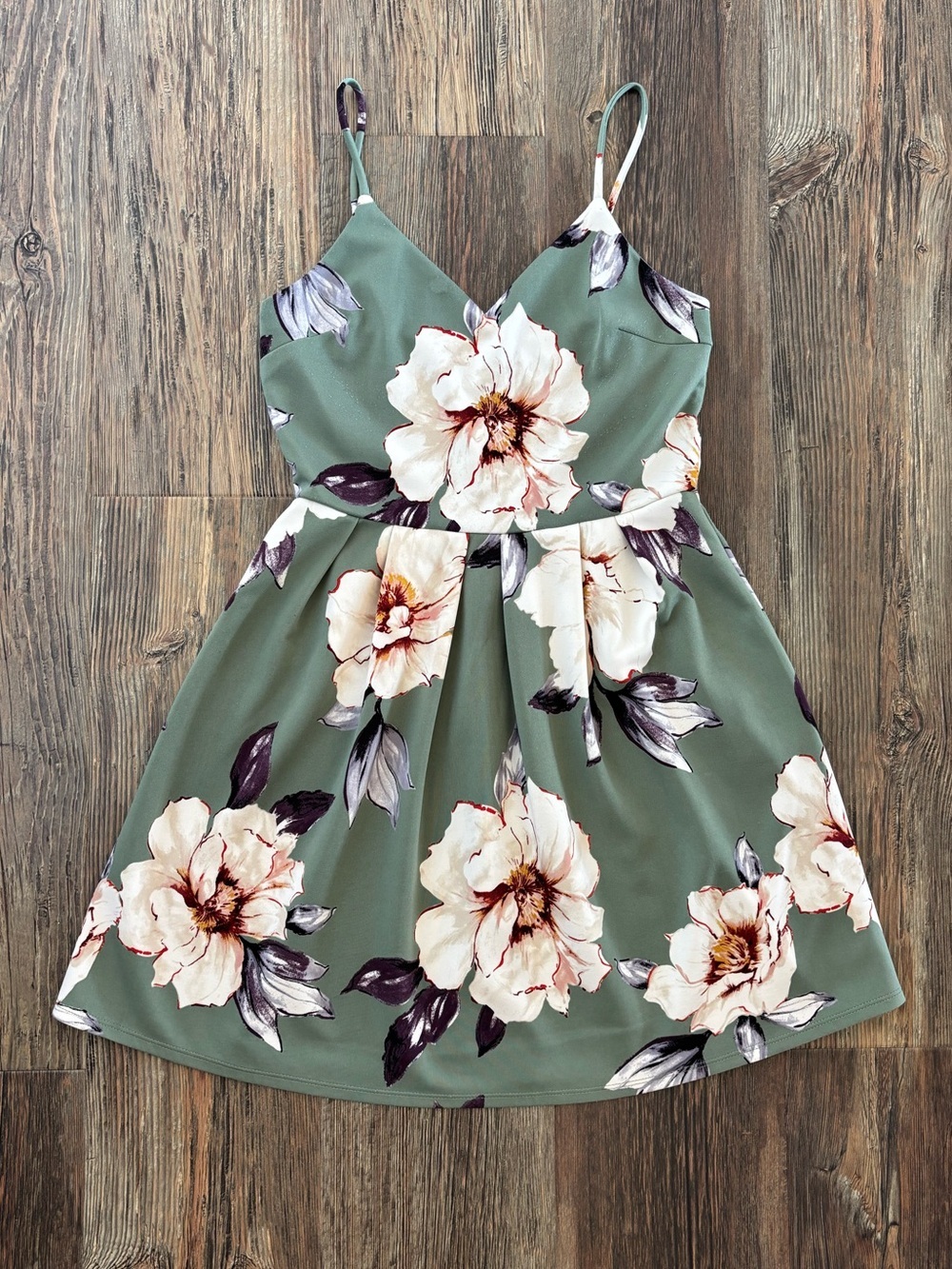 Monteau Los Angeles Floral Mini Dress Large Green Cream Floral Spaghetti Strap